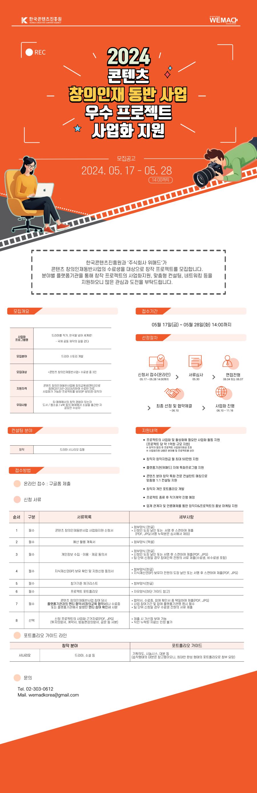 
모집공고 2024.05.17 - 05.28 14:00까지 

한국콘텐츠진흥원과 '주식회사 위매드'가
콘텐츠 창의인재동반사업의 수료생을 대상으로 창작 프로젝트를 모집합니다.
분야별 플랫폼기관을 통해 창작 프로젝트의 사업화지원, 맞춤형 컨설팅, 네트워킹 등을
지원하오니 많은 관심과 도전을 부탁드립니다.

모집개요

사업화 프로그램명
드라마를 작가, 한국을 넘어 세계로!
- 국제 공동 제작의 길을 걷다

모집분야
드라마 스토리 개발

모집대상
<콘텐츠 창의인재동반사업> 수료생 중 3인

지원자격
콘텐츠 창의인재동반사업에 창의교육생(멘티)으로
참여(2012년~2023년)하여 수료한 자로,
사업화가 가능한 프로젝트를 보유(IP 보유)한 창작자

우대사항
타 매체에서의 창작 경험이 있는자
도서 / 웹소설 / e북 등의 매체에서 소설을 출간한 자
공모전 수상자

접수기간
05월 17일(금) ~ 05월 28일(화) 14:00까지

선정절차
신청서 접수(온라인)
05.17 ~ 05.28 14:00까지
>서류심사 05.30 > 면접전형 06.04 또는 06.07 > 최종 선정 및 협약체결 ~ 06.10 > 사업화 진행 06.10 ~ 11.16

접수방법
온라인 접수 : 구글폼 제출

지원내역
• 프로젝트의 사업화 및 활성화에 필요한 사업화 활동 지원
(프로젝트 당 약 1억원 규모 지원)
※ 창작자 협의 후 프로젝트 사업화지원금 조정
※ 사업화지원 내용은 분야별 및 프로젝트별 상이
• 창작자 창작지원금 월 최대 50만원 지원
• 플랫폼기관(위매드) 자체 특화프로그램 지원
• 콘텐츠 분야 창작 특화 전문 컨설턴트 매칭으로
맞춤형 1:1 컨설팅 지원
• 창작자 개인 포트폴리오 개발
• 프로젝트 종류 후 작가계약 진행 예정
• 업계 관계자 및 언론매체를 통한 창작자&프로젝트의 홍보 마케팅 지원
신청 서류
• 남게 반세사 못 인돈매세늘 총안 승속사&느도액드의 종모 마게영 시권

순서 구분 서류목록 
1 필수 콘텐츠 창의인재동반사업 사업화지원 신청서
세부사항 
▶ 첨부양식 〔한글)
· 신청인 도장 날인 또는 서명 후 스캔하여 제출
[PDF, JPG/서명 누락본은 심사에서 제외)

2 필수 예산 활용 계획서
세부사항 • 첨부양식 [엑셀)

3 필수 개인정보 수집 · 이용 · 제공 동의서
세부사항
· 첨부양식 〔한글)
▶ 신청인 도장 날인 또는 서명 후 스캔하여 제출(PDF, JPG)
· 팀 단위 신청일 경우 참여인력 전원의 서류 제출(수료생, 비수료생 포함)

4 필수 지식재산권(IP) 보유 확인 및 지원신청 동의서
세부사항
▶ 첨부양식(한글)
▶ 지식재산권(IP] 보유자 전원의 도장 날인 또는 서명 후 스캔하여 제출(PDF, JPG)

5 필수 참가기준 체크리스트
세부사항▶ 첨부양식(한글)

6 필수 프로젝트 포트폴리오
세부사항 ▶ 자유양식(하단 가이드 참고)

7 필수
콘텐츠 창의인재동반사업 참여 당시
플랫폼기관과의 멘티 협약서(창의교육 협약서)나 수료증
또는 플랫폼기관에서 발행한 멘티 참여 확인서 사본
세부사항
• 협약서, 수료증, 참여 확인서 중 택일하여 제출(PDF, JPG)
▶ 사업 참여기간 및 참여 플랫폼기관명 명시 필수
· 팀 단위 신청일 경우 수료생 전원의 서류 제출

8 선택
신청 프로젝트의 사업화 근거자료(PDF, JPG)
(투자의향서, 계약서, 방송편성의향서, 공문 등 사본)

세부사항
· 제출 시 가산점 부여 가능
▶ 직인 누락된 자료는 인정 불가

포트폴리오 가이드 라인
창작분야 

시나리오
드라마, 소설 등
포트폴리오 가이드
기획의도, 시놉시스, 대본 등
〔습작형태의 대본은 참고용이오니, 최대한 완성 형태의 포트폴리오로 첨부 요망)

문의
Tel. 02-303-0612
Mail. wemadkorea@gmail.com



