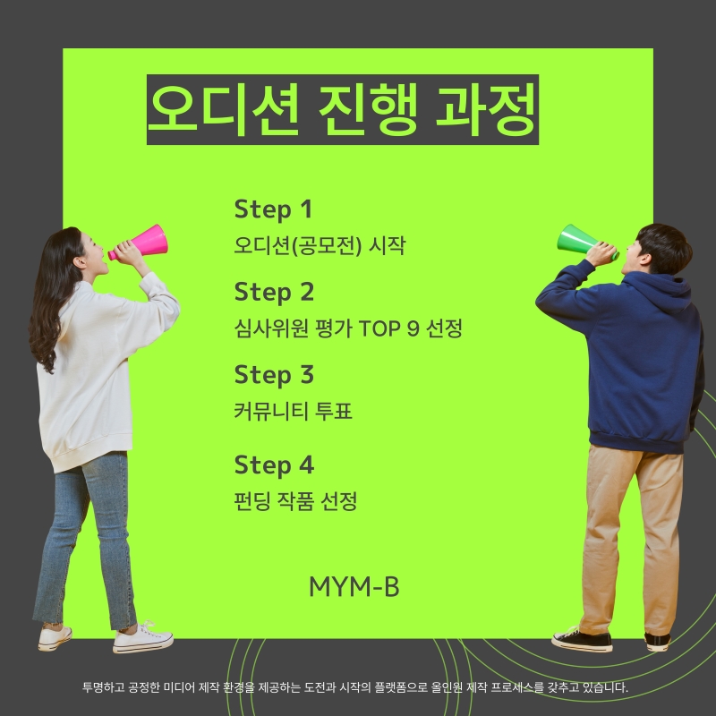 
오디션 진행 과정
Step 1
오디션(공모전) 시작
Step 2
심사위원 평가 TOP 9 선정
Step 3
커뮤니티 투표
Step 4
펀딩 작품 선정
MYM-B
투명하고 공정한 미디어 제작 환경을 제공하는 도전과 시작의 플랫폼으로 올인원 제작 프로세스를 갖추고 있습니다.
