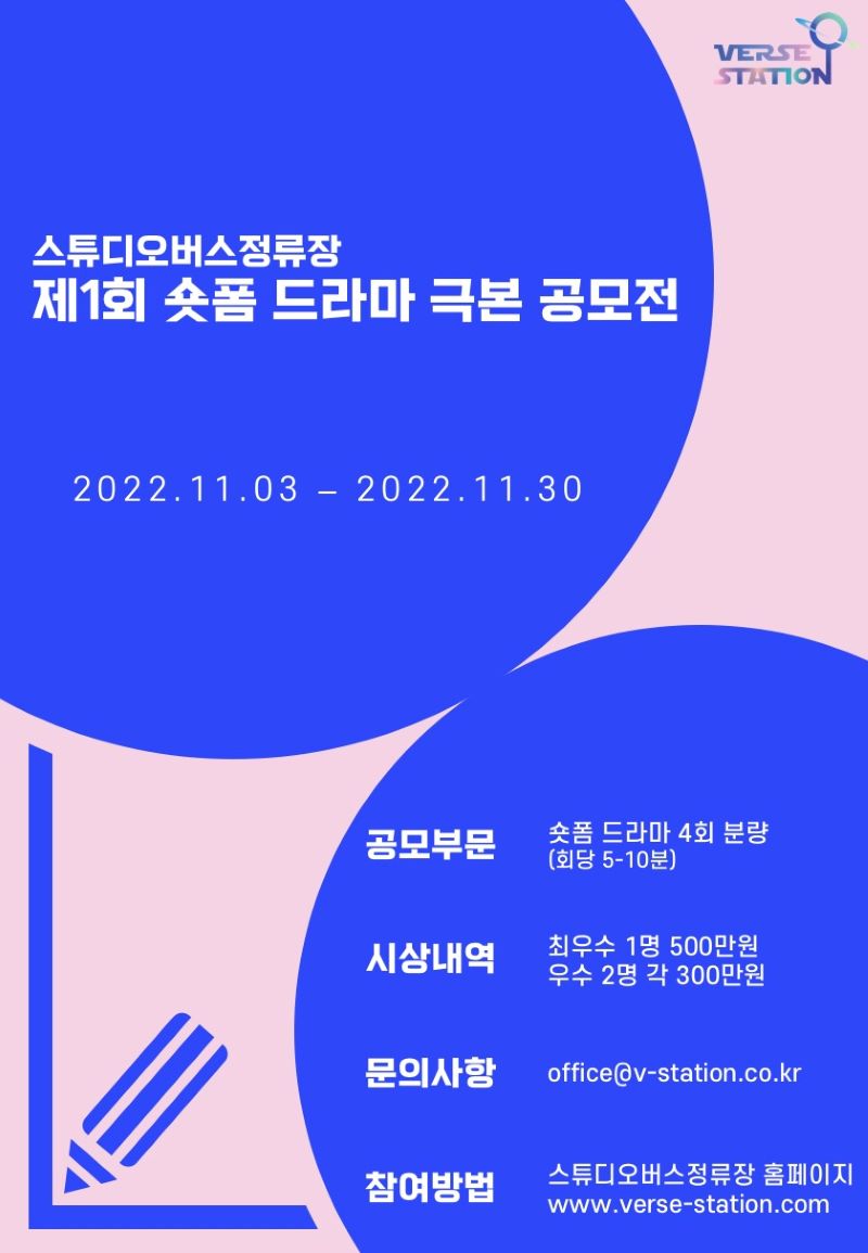 
스튜디오버스정류장
제1회 숏폼 드라마 극본 공모전
2022.11.03 - 2022.11.30
공모부문  숏폼 드라마 4회 분량 (회당 5-10분)
시상내역  최우수 1명 500만원  우수 2명 각 300만원
문의사항  office@v-station.co.kr
참여방법  스튜디오버스정류장 홈페이지  www.verse-station.com
