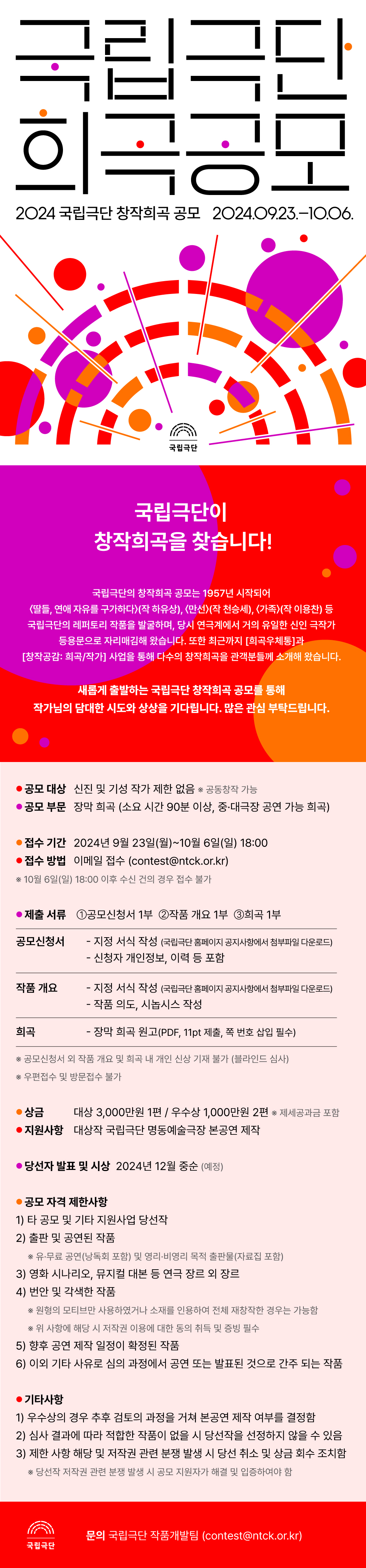 

2024 국립극단 창작희곡 공모

2024.09.23.~10.06.

국립극단이 창작희곡을 찾습니다!

국립극단의 창작희곡 공모는 1957년 시작되어 <딸들, 연애 자유를 구가하다>(작 하유상), <만선>(작 천승세), <가족>(작 이용찬) 등 국립극단의 레퍼토리 작품을 발굴하며, 당시 연극계에서 거의 유일한 신인 극작가 등용문으로 자리매김해 왔습니다. 또한 최근까지 [희곡우체통]과 [창작공감: 희곡/작가] 사업을 통해 다수의 창작희곡을 관객분들께 소개해 왔습니다.

새롭게 출발하는 국립극단 창작희곡 공모를 통해
작가님의 담대한 시도와 상상을 기다립니다. 많은 관심 부탁드립니다.

●공모 대상: 신진 및 기성작가 제한 없음 *공동창작 가능
●공모 부문: 장막 희곡 (소요 시간 90분 이상, 중·대극장 공원 가능 희곡)
●접수 기간: 2024년 9월 23일(월)~10월 6일(일) 18:00
●접수 방법: 이메일 접수 (contest@ntck.or.kr)
                *10월 6일(일) 18:00 이후 수신 건의 경우 접수 불가

●제출 서류 ①공모신청서 1부 ②작품 개요 1부 ③희곡 1부
공모신청서 - 지정 서식 작성 (국립극단 홈페이지 공지사항에서 첨부파일  다운로드)
              - 신청자 개인정보, 이력 등 포함
작품 개요  - 지정 서식작성 (국립극단 홈페이지 공지사항에서 첨부파일 다운로드)
              - 작품 의도, 시놉시스 작성
희곡        - 장막 희곡 원고(PDF), 11pt 제출, 쪽 번호 삽입 필수)
  * 공모신청서 외 작품 개요 및 희곡 내 개인 신상 기재 불가(블라인드 심사)
  * 우편접수 및 방문접수 불가

●상금:   대상 3,000만원 1편 / 우수상 1,000만원 2편 * 제세공과금 포함
●지원사항   대상작 국립극단 명동예술극장 본공연 제작

●당선자 발표 및 시상: 2024년 12월 중순(예정)

●공모 자격 제한사항
1) 타 공모 및 기타 지원사업 당선작
2) 출판 및 공연된 작품
  * 유·무료 공연(낭독회 포함) 및 영리·비영리 목적 출판물(자료집 포함)
3) 영화 시나리오, 뮤지컬 대본 등 연극 장르 외 장르
4) 번안 및 각색한 작품
  * 원형의 모티브만 사용하였거나 소재를 인용하여 전체 재창작한 경우는 가능함
  * 위 사항에 해당 시 저작권 이용에 대한 동의 취득 및 증빙 필수
5) 향후 공연 제작 일정이 확정된 작품
6) 이외 기타 사유로 심의 과정에서 공연 또는 발표된 것으로 간주 되는 작품

●기타사항
1) 우수상의 경우 추후 검토의 과정을 거쳐 본공연 제작 여부를 결정함
2) 심사 결과에 따라 적합한 작품이 없을 시 당선작을 선정하지 않을 수 있음
3) 제한 사항 해당 및 저작권 관련 분쟁 발생 시 당선 취소 및 상금 회수 조치함
  * 당선작 저작권 관련 분쟁 발생 시 공모 지원자가 해결 및 입증하여야 함

문의: 국립극단 작품개발팀(contest@ntck.or.kr)
 
