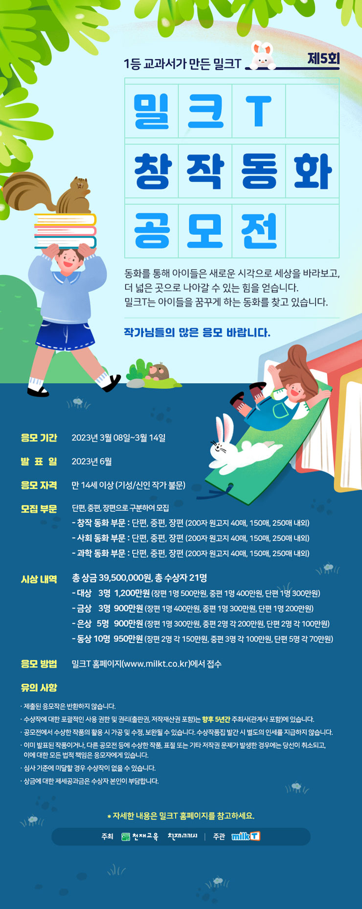 
제5회 밀크T 창작동화 공모전 
공모전 바로가기 
1등 교과서가 만든 밀크T 
제5회 밀크T 창작동화공모전
동화를 통해 아이들은 새로운 시각으로 세상을 바라보고, 
더 넓은 곳으로 나아갈 수 있는 힘을 얻습니다. 
밀크T는 아이들을 꿈꾸게 하는 도오하를 찾고 있습니다. 

작가님들의 많은 응모 바랍니다. 
응모 기간 2023년 3월 08일~ 3월 14일 
발표일 2023년 6월 
응모 자격 만 14세 이상(기성/신인 작가 불문)
모집 부문 단편, 중편, 장편으로 구분하여 모집 
- 창작 동화 부문 : 단편, 중편, 장편(200자 원고지 40매, 150매, 250매 내외)
- 사회 동화 부문 : 단편, 중편, 장편(200자 원고지 40매, 150매, 250매 내외)
- 과학 동화 부문 : 단편, 중편, 장편(200자 원고지 40매, 150매, 250매 내외)

시상내역 총 상금 39,500,000원, 총 수상자 21명 
- 대상 3명 1,200만원(장편 1명 500만원, 중편 1명 400만원, 단편 1명 300만원)
- 금상 3명 900만원 (장편 1명 400만원, 중편 1명 300만원, 단편 1명 200만원)
- 은상 5명 900만원 (장편 1명 300만원, 중편 2명 각 200만원, 단편 2명 각 100만원)
- 동상 10명 950만원(장편 2명 각 150만원, 중편 3명 각 100만원, 단편 5명 각 70만원)

응모방법 밀크T 홈페이지(www.milkt.co.kr)에서 접수 
유의사항 
- 제출된 응모작은 반환하지 않습니다. 
- 수상작에 대한 포괄적인 사용 권한 및 권리(출판권, 저작재산권 포함)는 향후 5년간 주최사(관계사 포함)에 있습니다. 
- 공모전에서 수상한 작품의 활용 시 가공 및 수정, 보완될 수 있습니다. 수상작품집 발간 시 별도의 인세를 지급하지 않습니다. 
- 이미 발표된 작품이거나, 다른 공모전 등에 수상한 작품, 표절 또는 기타 저작권 문제가 발생한 경우에는 당선이 취소되고, 
이에 대한 모든 법적 책임은 응모자에게 있습니다. 
- 심사 기준에 미달할 경우 수상작이 없을 수 있습니다. 
- 상금에 대한 제세공과금은 수상자 본인이 부담합니다. 
* 자세한 내용은 밀크T 홈페이지를 참고하세요. 
주죄 천재교육 천재교과서 주관 MilkT 
