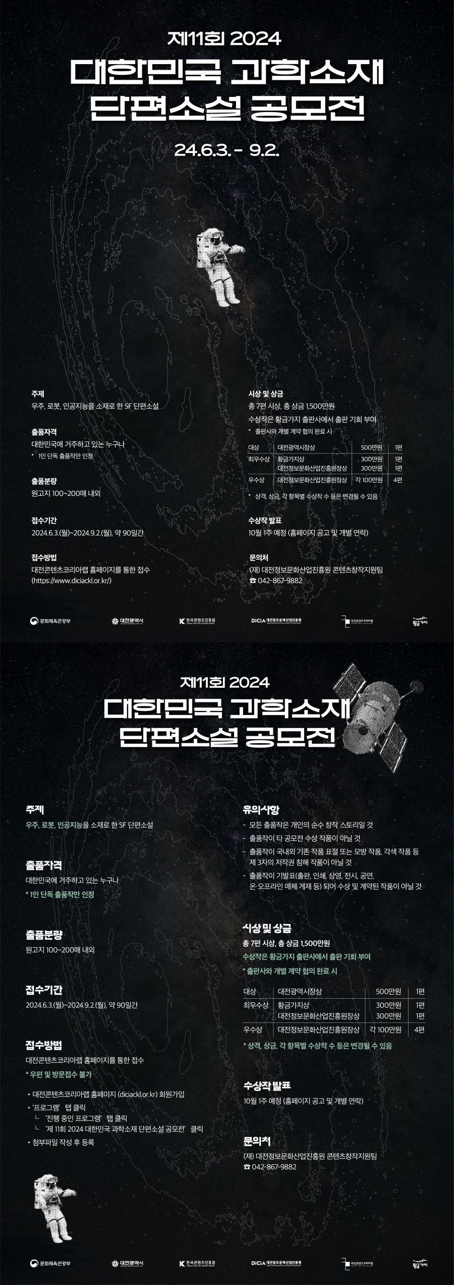 
제11회 2024
대한민국 과학소재
단편소설 공모전
24.6.3. - 9.2.

주제
우주, 로봇, 인공지능을 소재로 한 SF 단편소설

출품자격
대한민국에 거주하고 있는 누구나
• 1인 단독 출품작만 인정

출품분량
원고지 100~200매 내외

접수기간
2024.6.3.(월)~2024.9.2.(월), 약 90일간

접수방법
대전콘텐츠코리아랩 홈페이지를 통한 접수
(https://www.diciackl.or.kr/)


시상 및 상금
총 7편 시상, 총 상금 1,500만원
수상작은 황금가지 출판사에서 출판 기회 부여
* 출판사와 개별 계약 협의 완료 사.™

대상 대전광역시장상 500만원 1편 
최우수상 황금가지상 300만원 1편 
             대전정보문화산업진흥원장상 300만원 1편 
우수상    대전정보문화산업진흥원장상 각 100만원 4편 

*상격, 상금, 각 항목별 수상작 수 등은 변경될 수 있음

수상작 발표
10월 1주 예정 (홈페이지 공고 및 개별 연락)

문의처
(재) 대전정보문화산업진흥원 콘텐츠창작지원팀
☎ 042-867-9882

제11호 2024
대한민국 과희소지
단편소설 공모전

주제
우주, 로봇, 인공지능을 소재로 한 SF 단편소설

출품자격
대한민국에 거주하고 있는 누구나
* 1인 단독 출품작만 인정

출품분량
원고지 100~200매 내외

접수기간
2024.6.3.(월)~2024.9.2.(월), 약 90일간

접수방법
대전콘텐츠코리아랩 홈페이지를 통한 접수
* 우편 및 방문접수 불가

• 대전콘텐츠코리아랩 홈페이지 (diciacklor.kr) 회원가입
• '프로그램' 탭 클릭
L '진행 중인 프로그램' 탭 클릭
L '제 11회 2024 대한민국 과학소재 단편소설 공모전' 클릭
· 첨부파일 작성 후 등록

유의사항
- 모든 출품작은 개인의 순수 창작 스토리일 것
출품작이 타 공모전 수상 작품이 아닐 것
출품작이 국내외 기존 작품 표절 또는 모방 작품, 각색 작품 등
제 3자의 저작권 침해 작품이 아닐 것
- 출품작이 기발표(출판, 인쇄, 상영, 전시, 공연,
온·오프라인 매체 게재 등) 되어 수상 및 계약된 작품이 아닐 것。

시상 및 상금
총 7편 시상, 총 상금 1,500만원
수상작은 황금가지 출판사에서 출판 기회 부여
출판사와 개별 계약 협의 완료 시

대상 대전광역시장상 500만원 1편 
최우수상 황금가지상 300만원 1편 
             대전정보문화산업진흥원장상 300만원 1편 
우수상    대전정보문화산업진흥원장상 각 100만원 4편 

* 상격, 상금, 각 항목별 수상작 수 등은 변경될 수 있음

수상작 발표
10월 1주 예정 (홈페이지 공고 및 개별 연락)

문의처
(재) 대전정보문화산업진흥원 콘텐츠창작지원팀
☎ 042-867-9882



